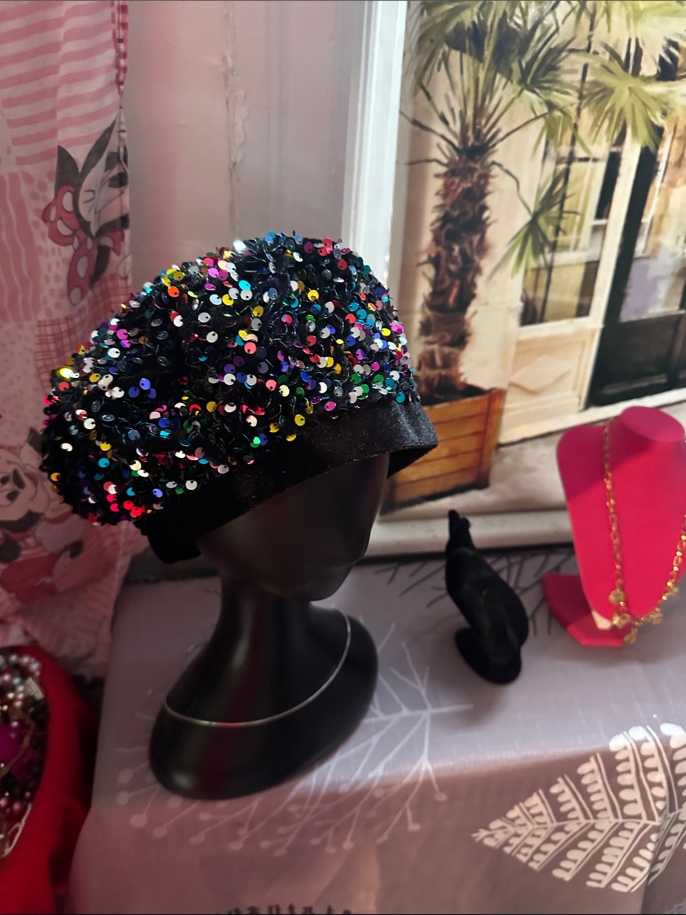 Sequin Embellished Black Beret - Sparkling Multicolor Sequins